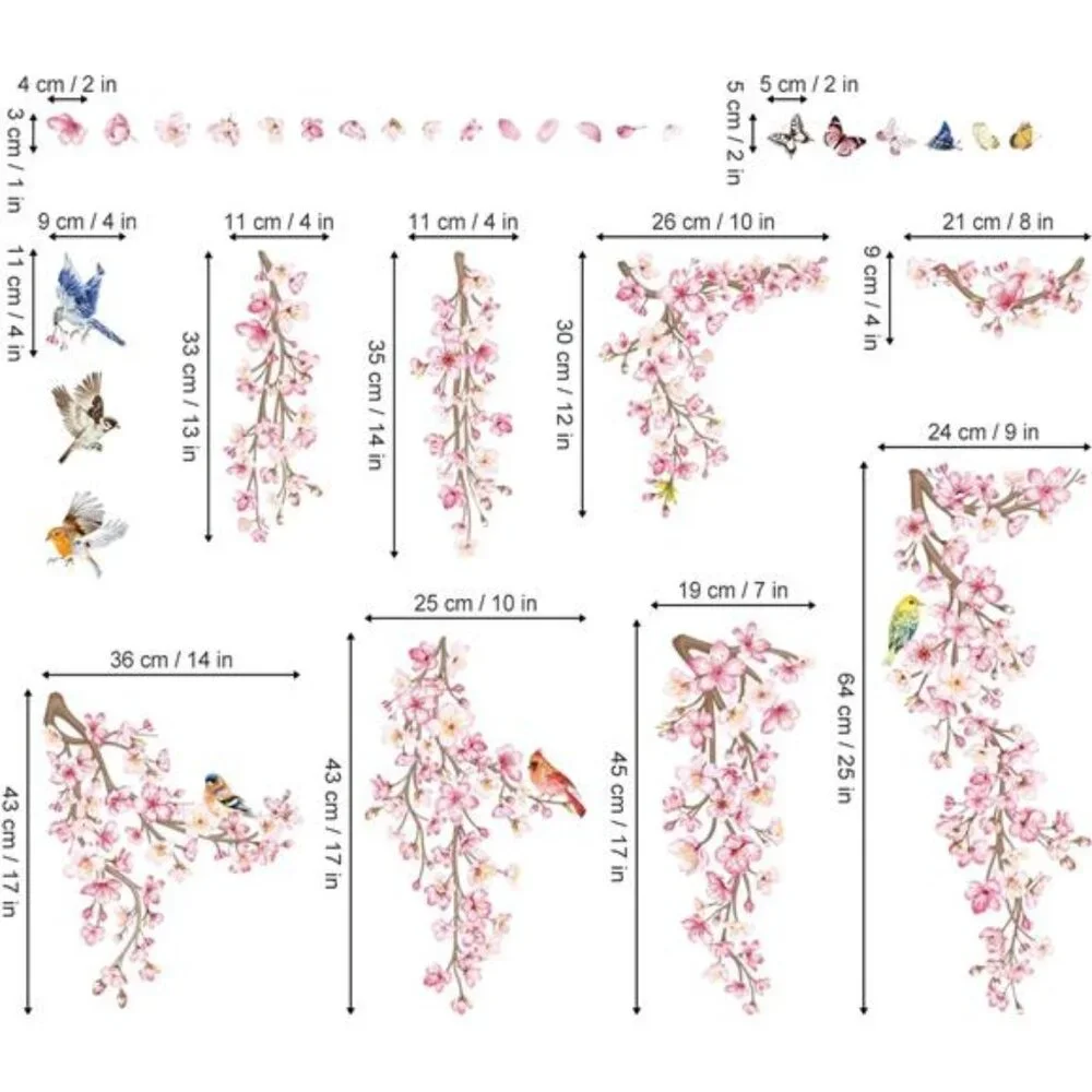 Cherry Blossom Wall Stickers Flower Vine Birds Peel and Stick Wall Decals Bedroo